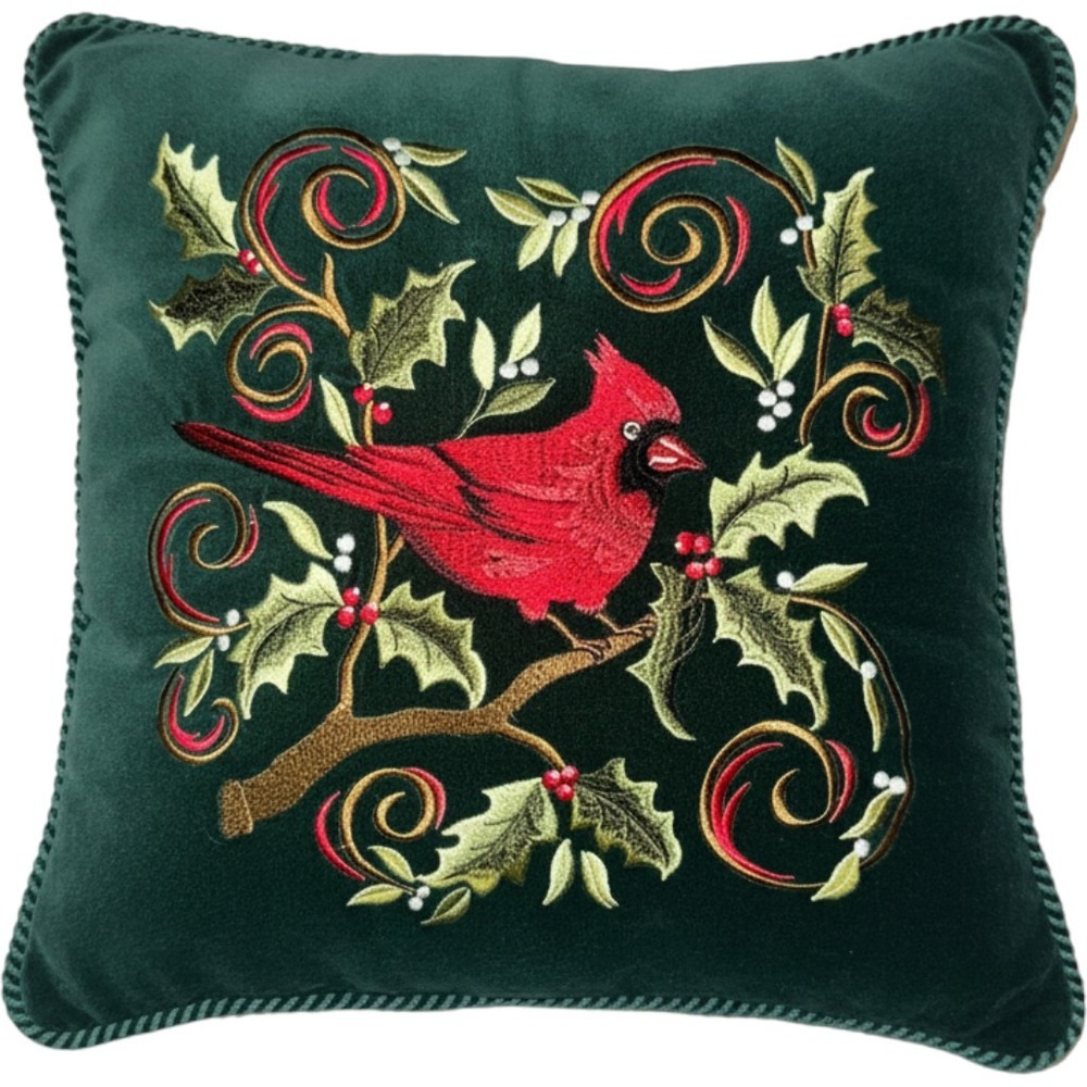 Embroidered Cardinal Christmas Throw Pillow Green Velvet 14" Rope Trim